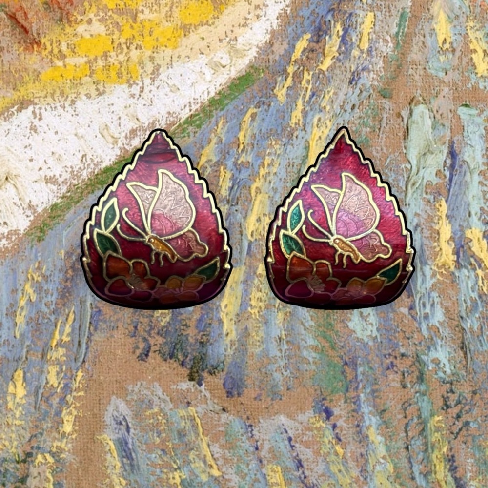 Vintage Cloisonné Butterfly Floral Enamel Earrings